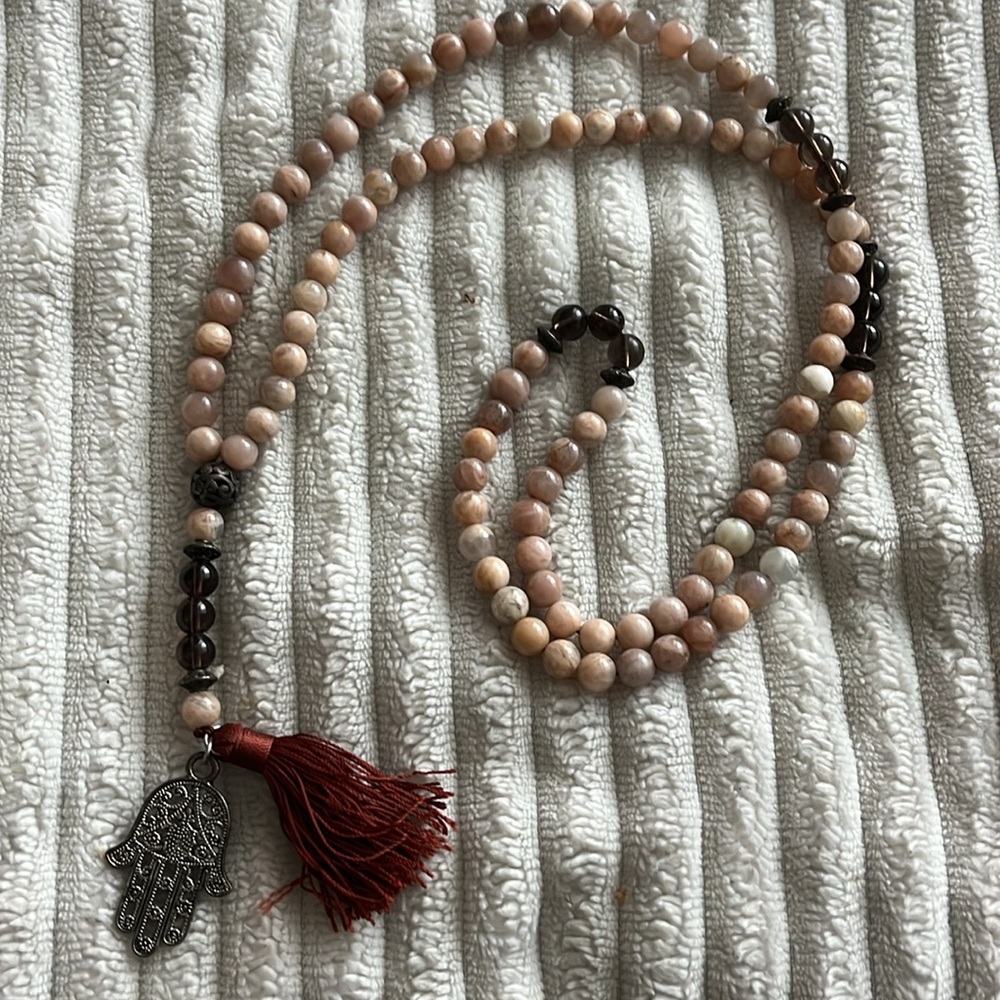 Serenity Mala Necklace prayer beads hamsa hand charm Smokey quartz pink jasper